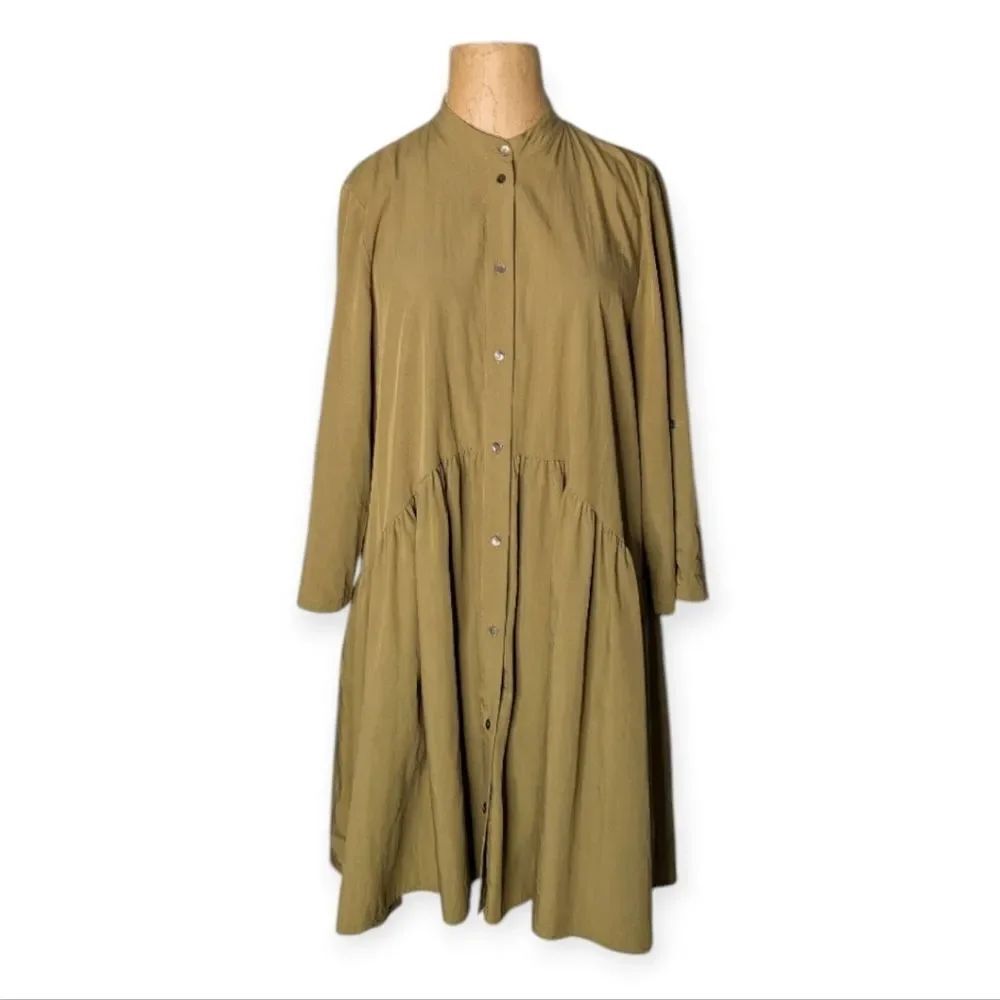 ZARA WOMAN Gold Green Button Down Pleated Dropped Waist Tab Sleeve Shirtdress L